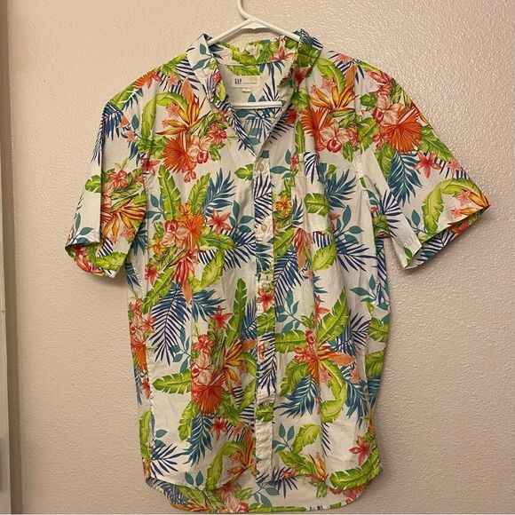 Gap Button Down short sleeve Hawaiian tropical print stretch poplin shirt L - Picture 2 of 8